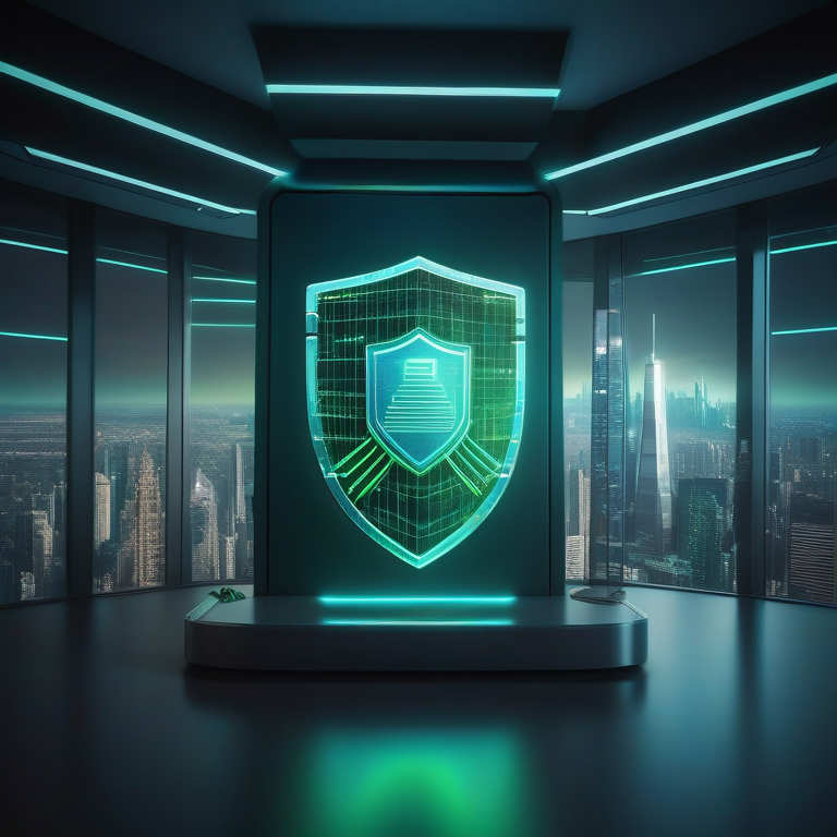 Holographic shield with digital locks surrounds a skyscraper model, denoting cyber security insurance in an office setting.
